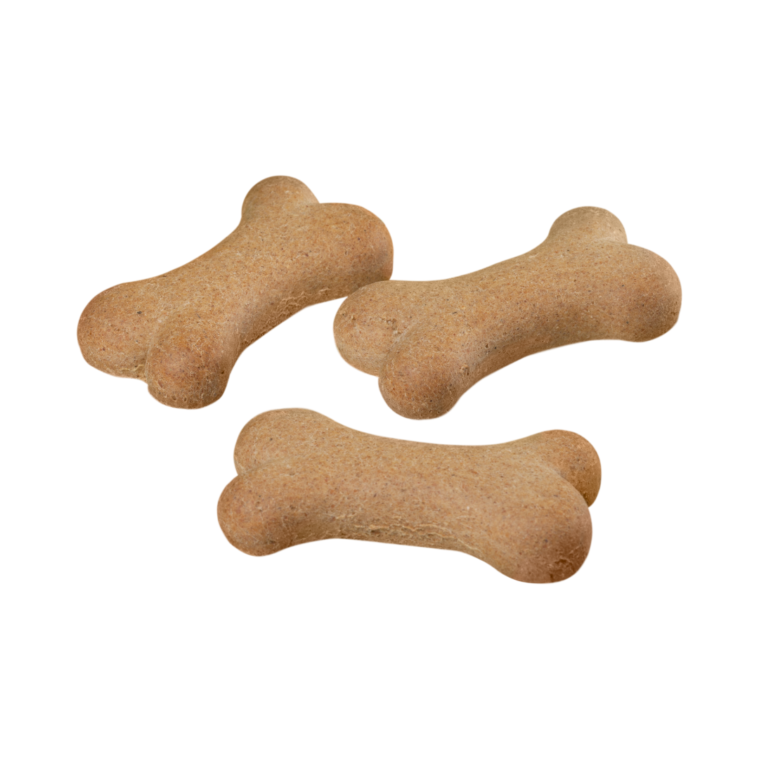 Three beige, bone-shaped dog treats laid out on a white background.