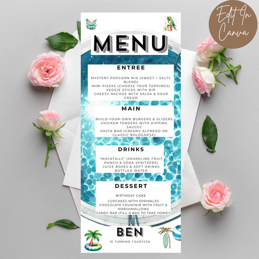 14th Birthday Menu Male