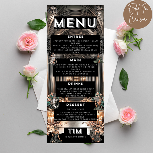 16th Birthday Menu Male