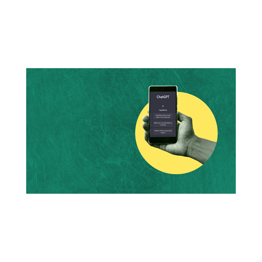 A digital guide cover for 'The Beginners Guide To Using Chat GPT' featuring a smartphone with the Chat GPT app on the screen, set against a green background with a shadow effect.