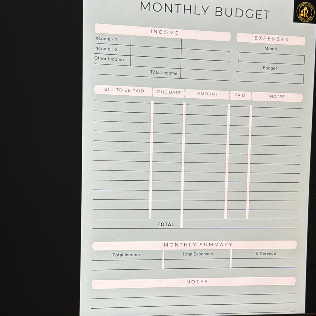 Minimalist Monthly Budget Planner for household income, bills, due dates, payments, expenses, and monthly budget summaries