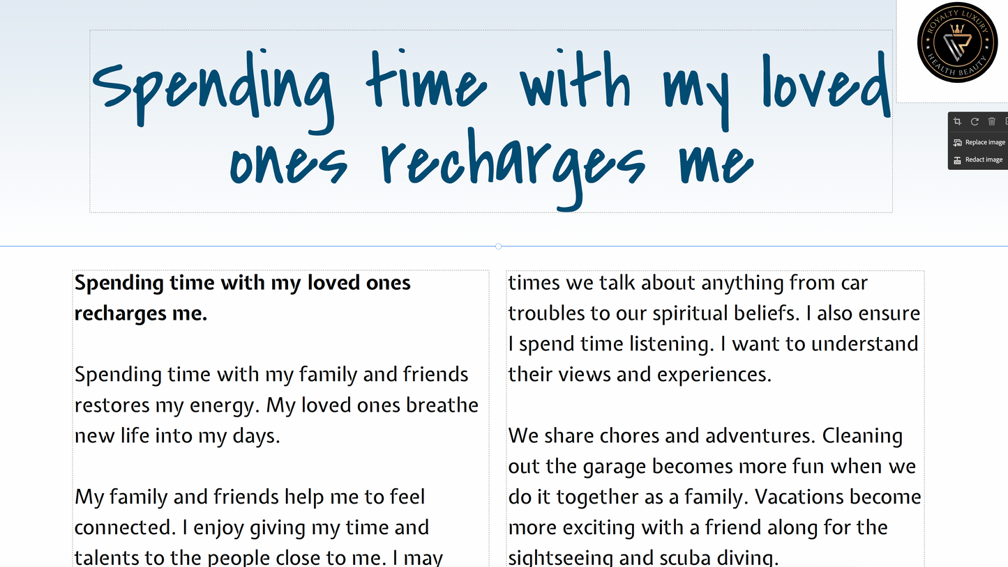 An image featuring text that reads 'Spending time with my loved ones recharges me', set against a background with a decorative pattern.