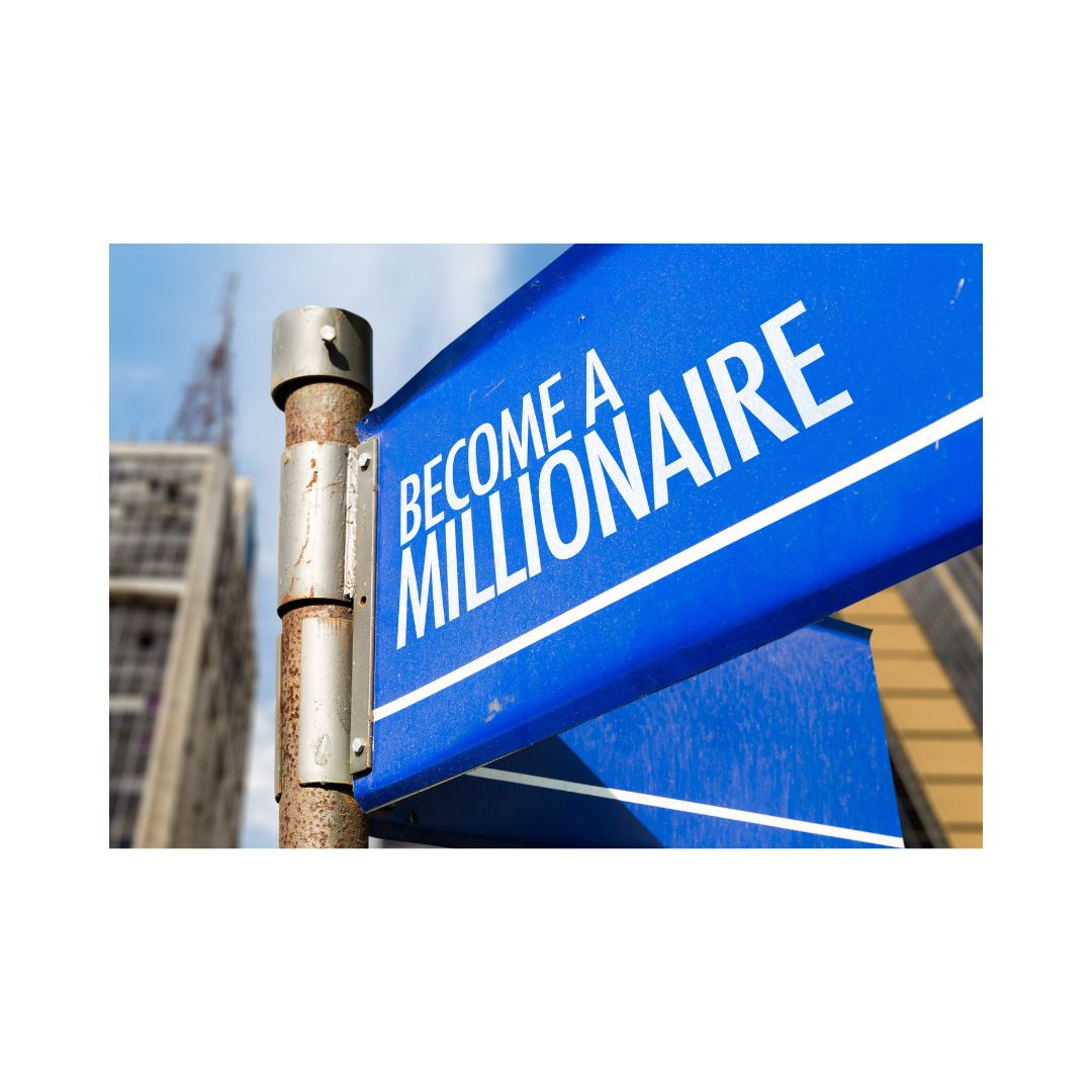 A blue sign with the text 'BECOME A MILLIONAIRE' written in white, mounted on a metal pole with a cityscape in the background.