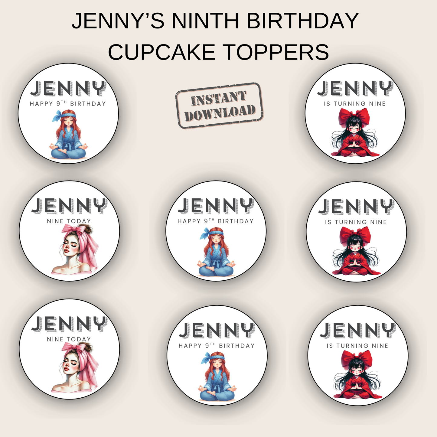 9th Birthday Cupcake Toppers Girl