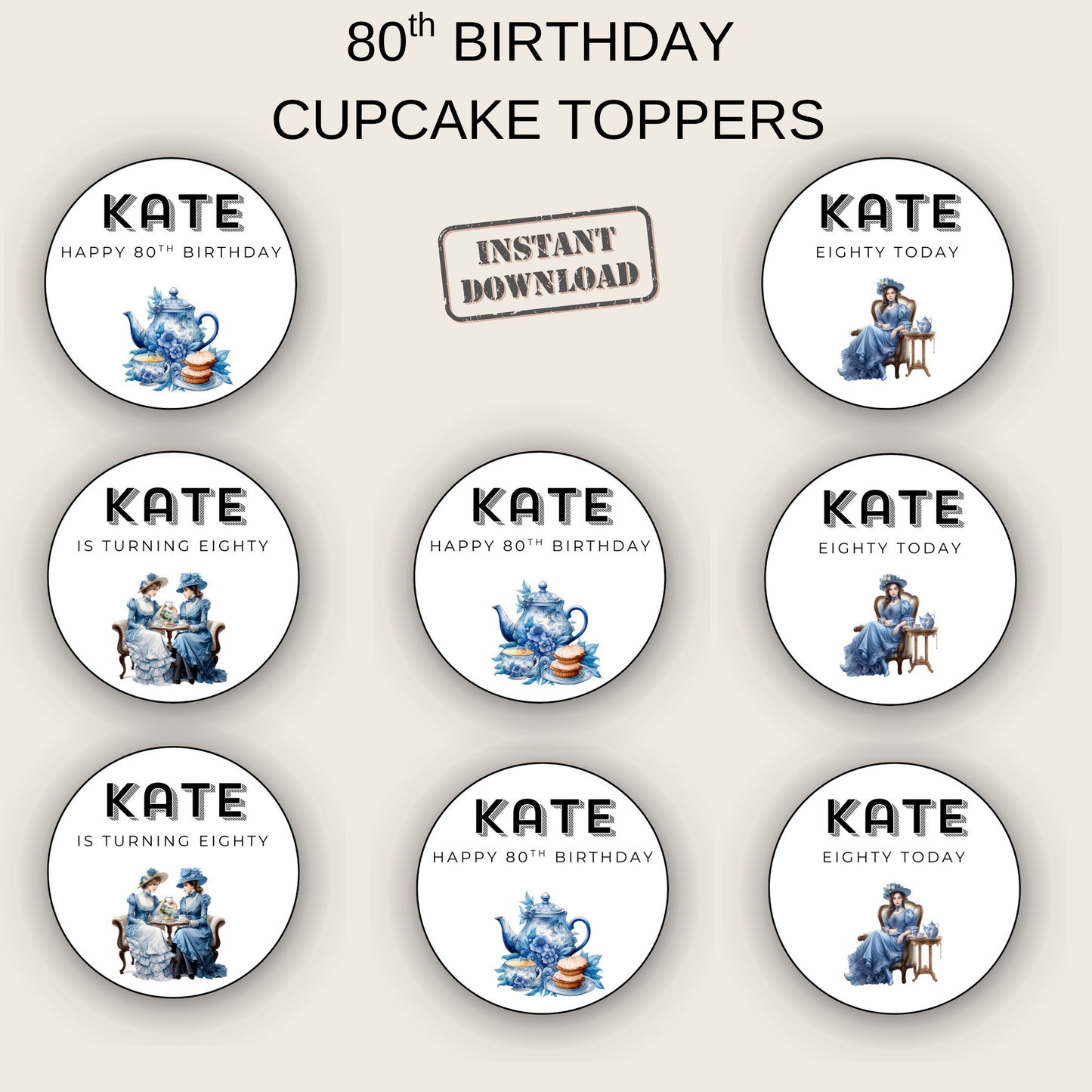 80th Birthday Cupcake Toppers Girl