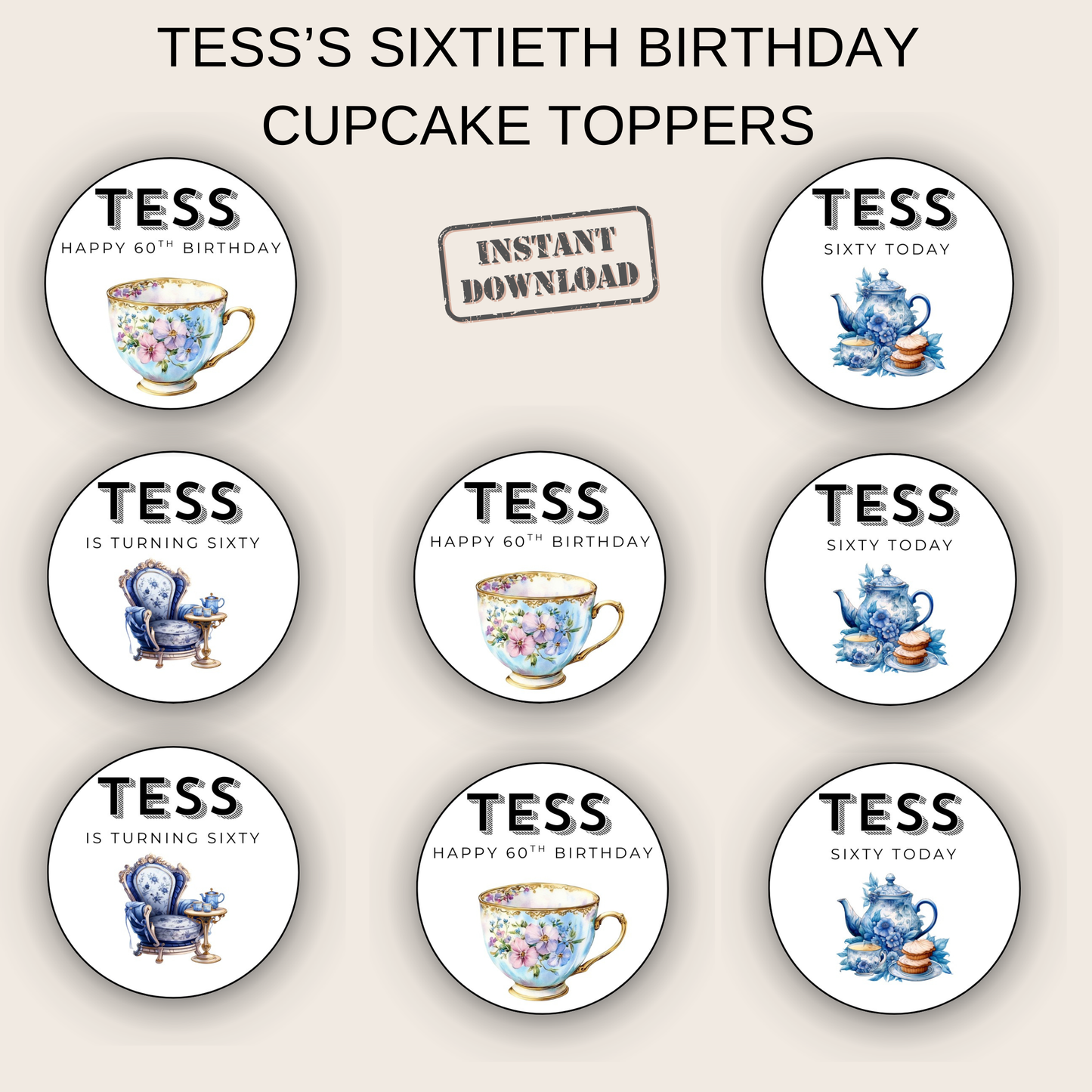 60th Birthday Cupcake Toppers Girl
