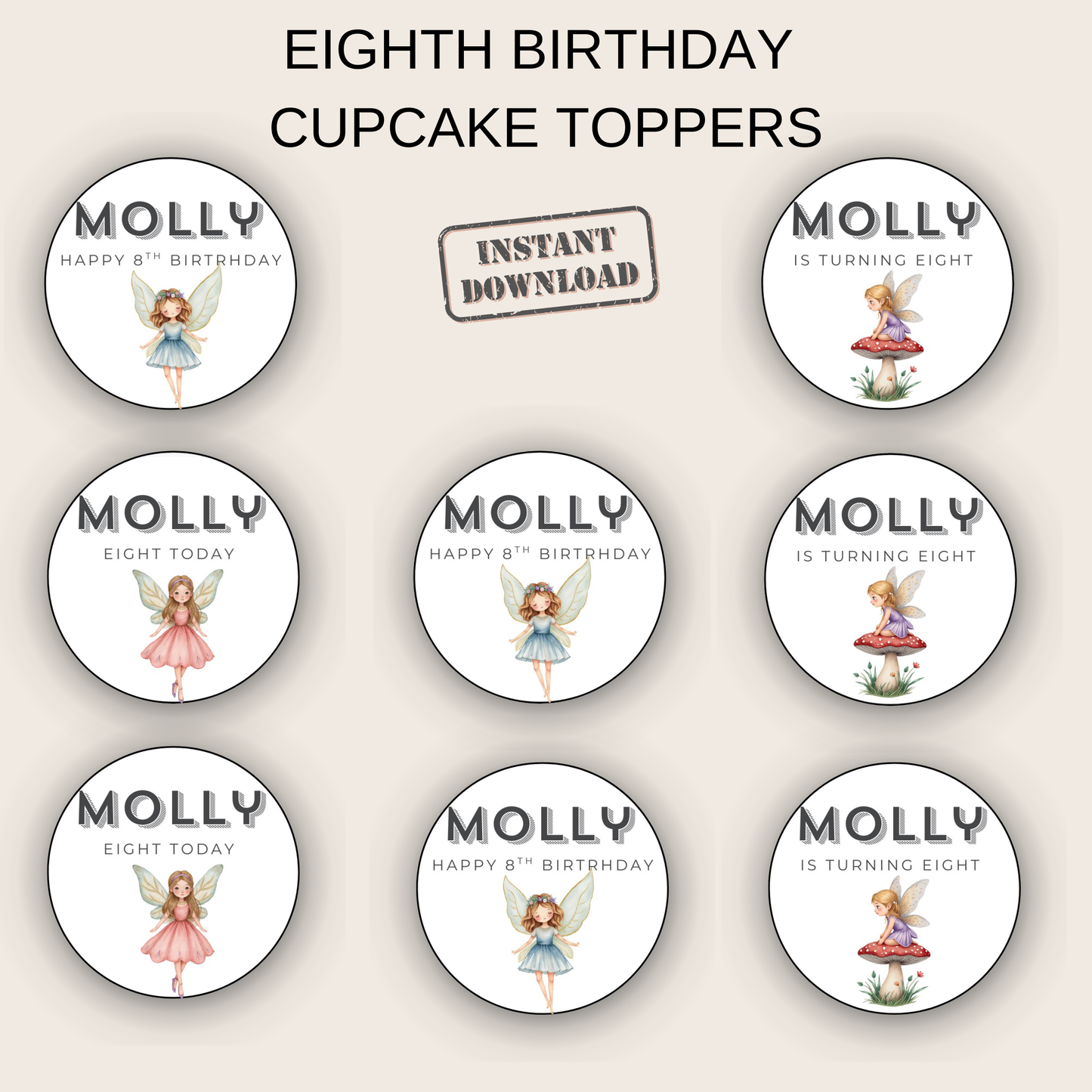 8th Birthday Cupcake Toppers Girl