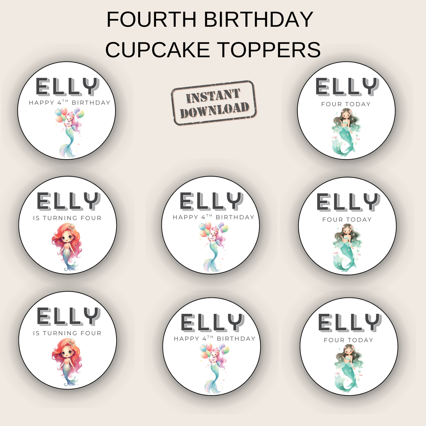 4th Birthday Party Cupcake Toppers Girl
