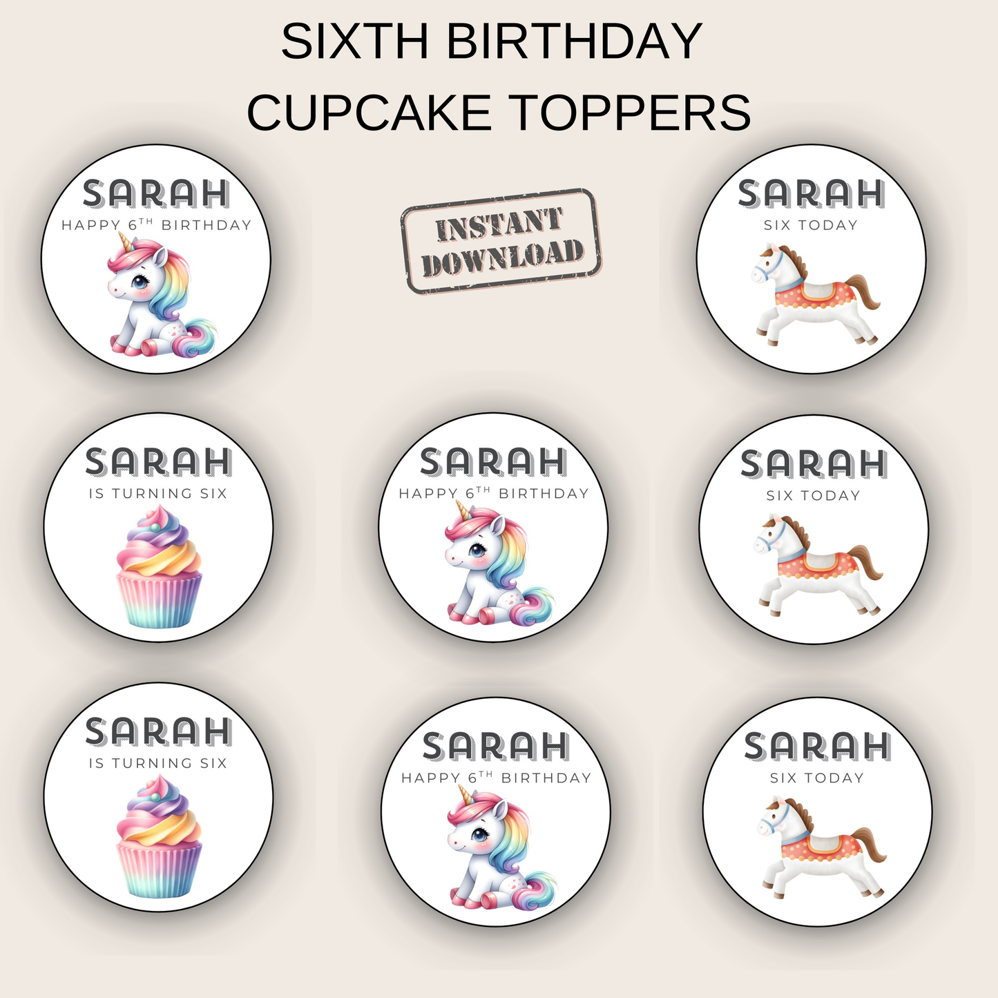 6th Birthday Party Cupcake Toppers Girl