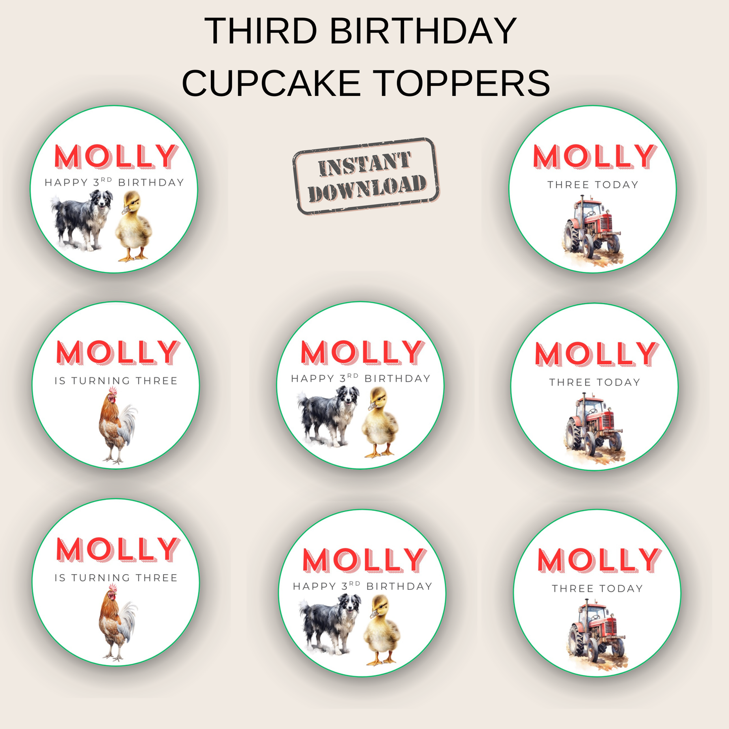 3rd Birthday Cupcake Toppers Girl