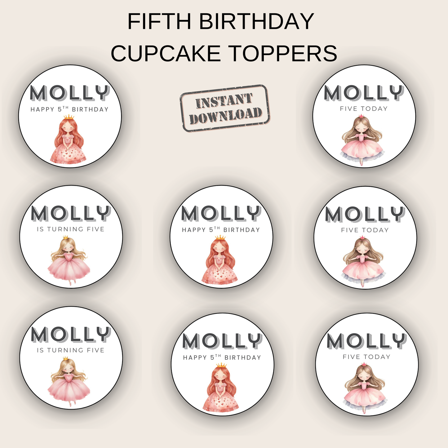5th Birthday Cupcake Toppers Girl
