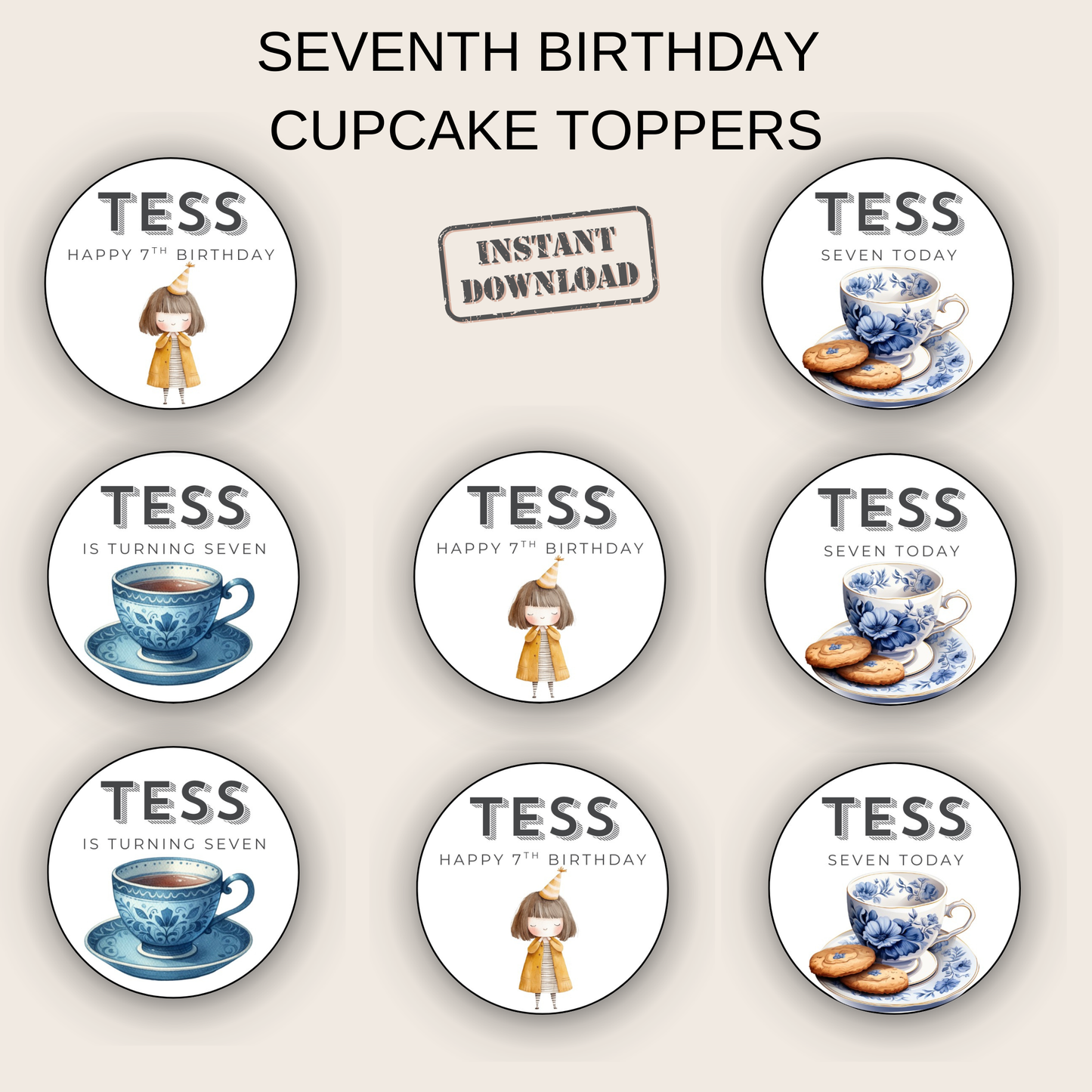 7th Birthday Cupcake Toppers Girl