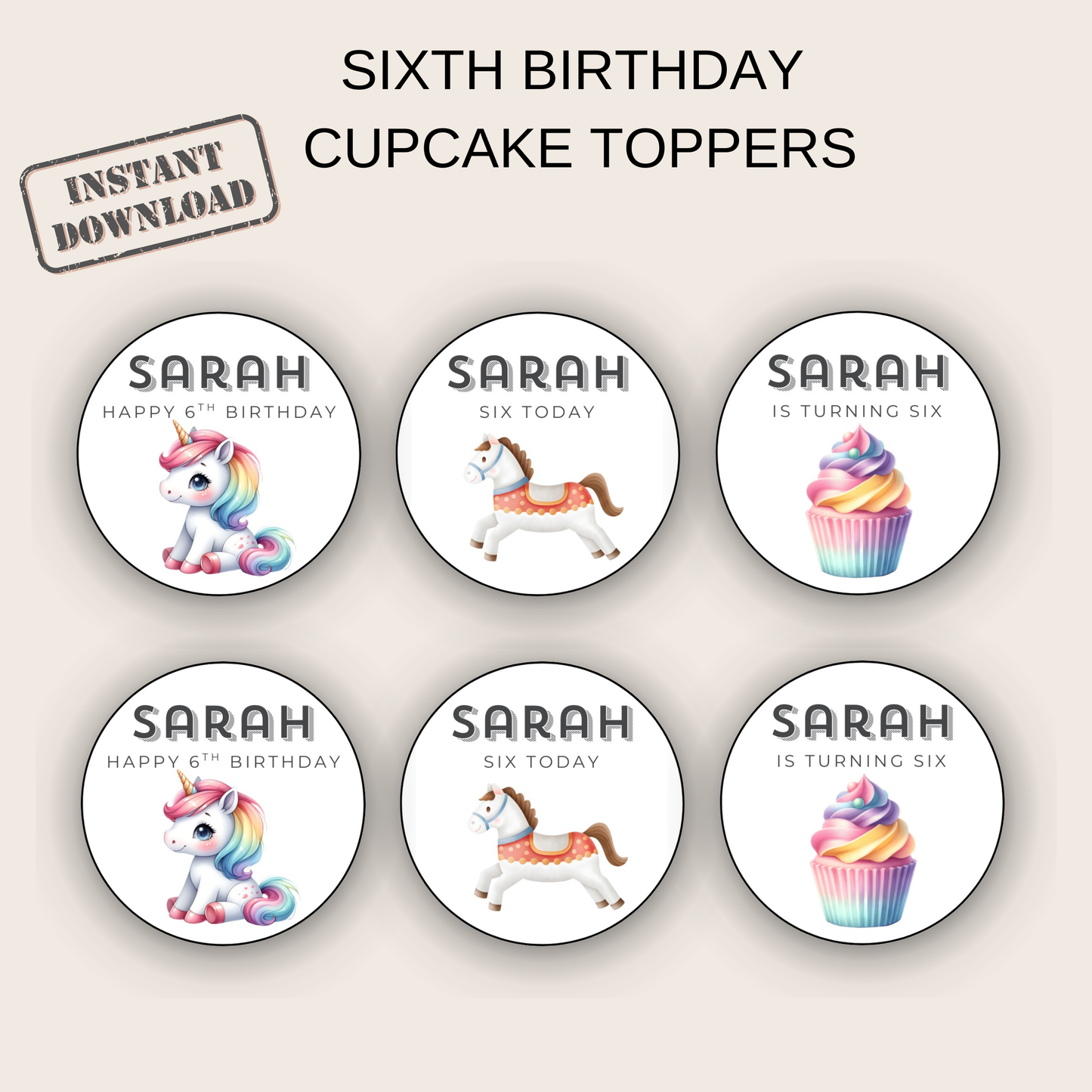 6th Birthday Party Cupcake Toppers Girl