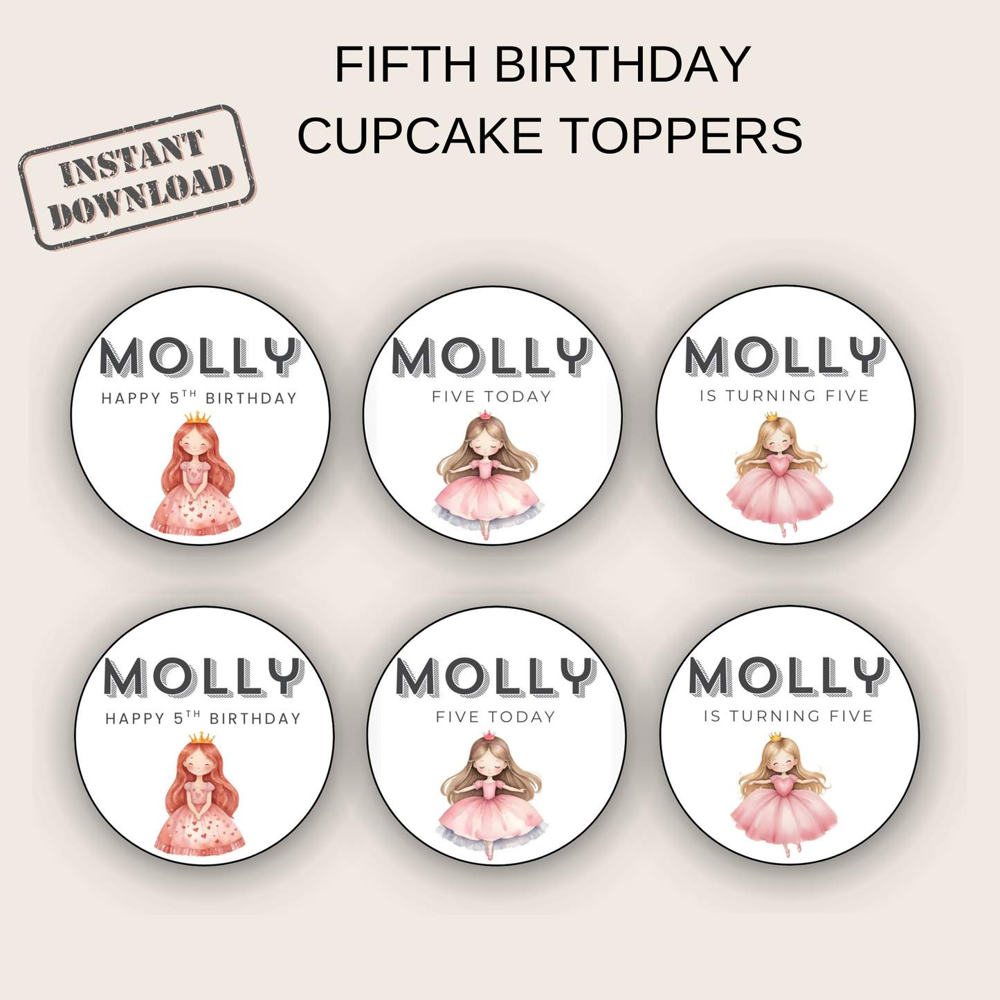 5th Birthday Cupcake Toppers Girl