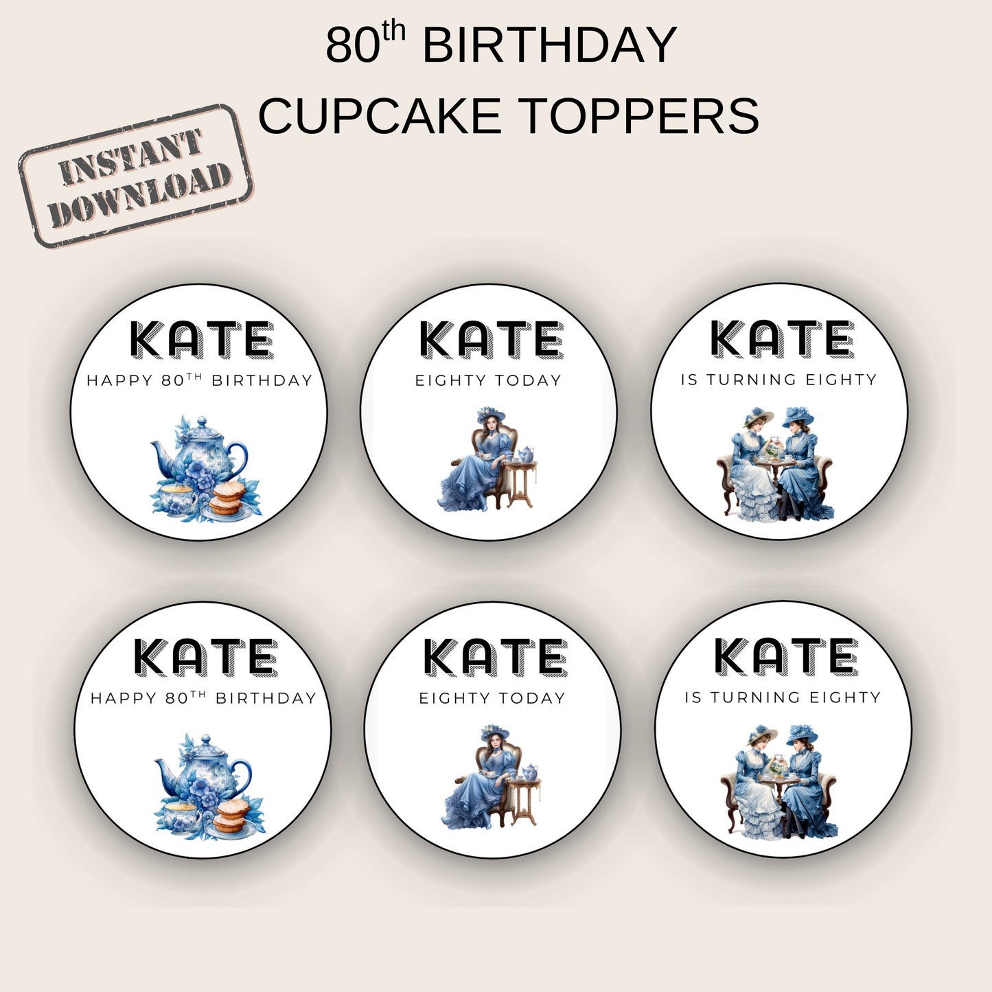 80th Birthday Cupcake Toppers Girl