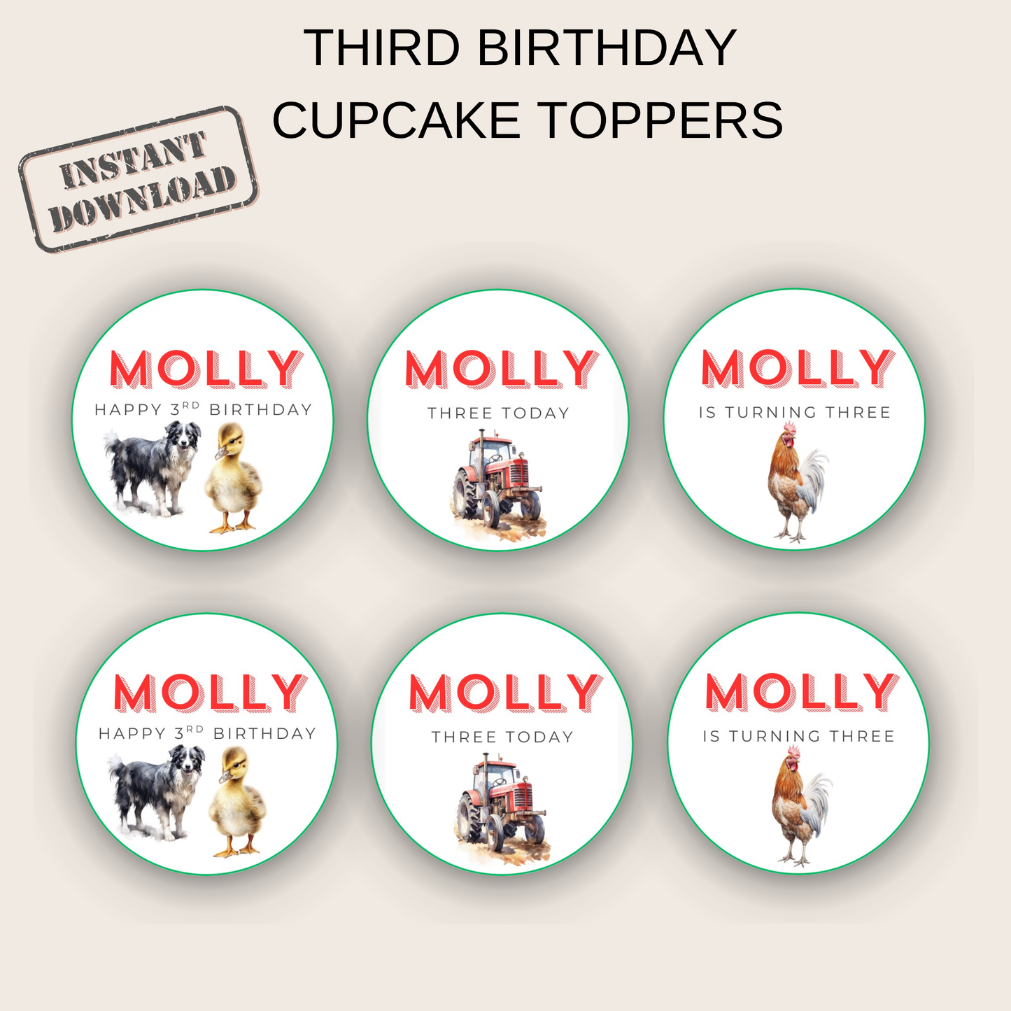 3rd Birthday Cupcake Toppers Girl