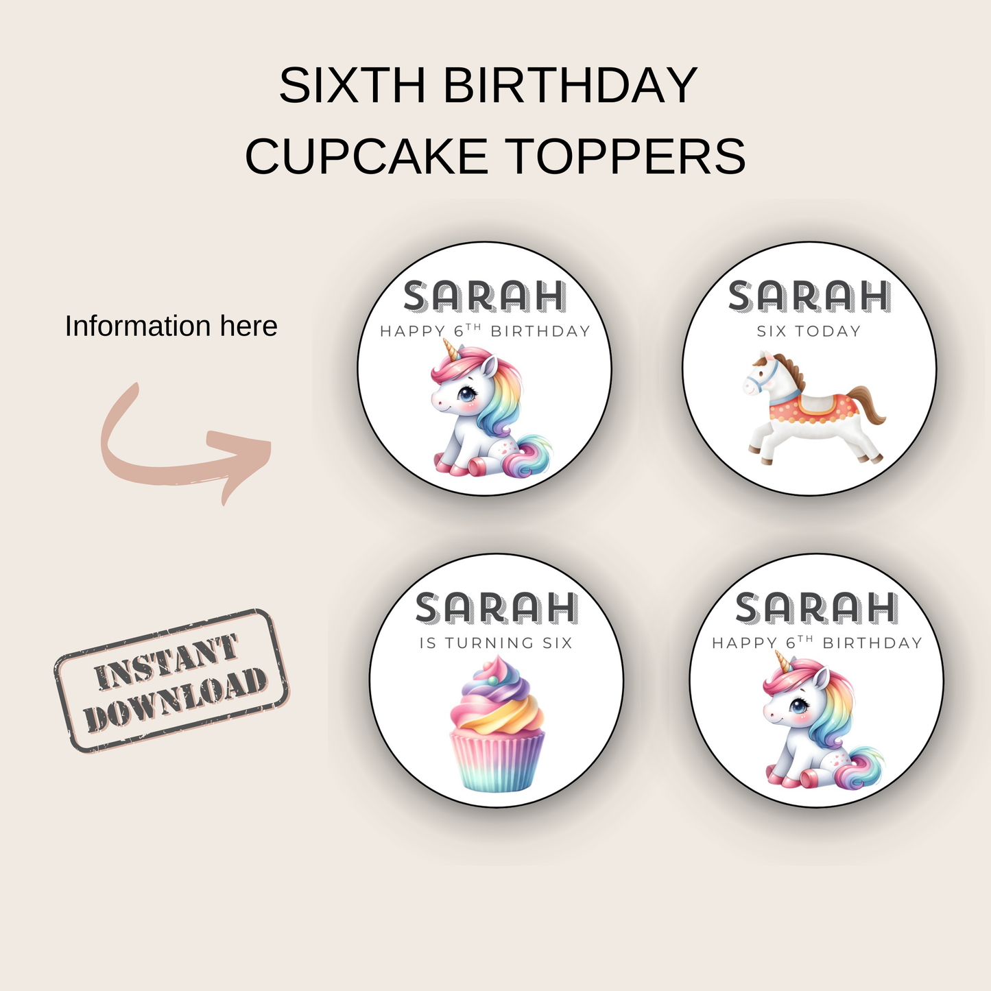 6th Birthday Party Cupcake Toppers Girl