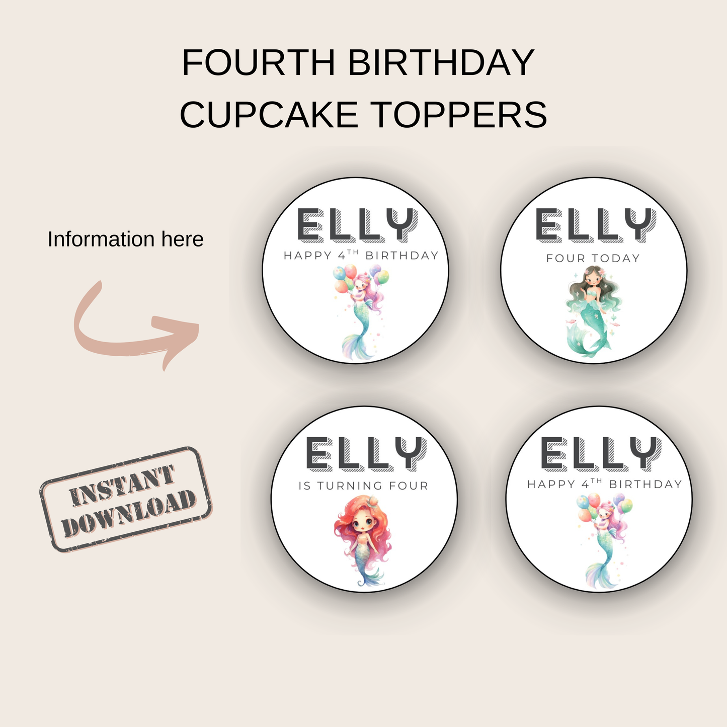 4th Birthday Party Cupcake Toppers Girl