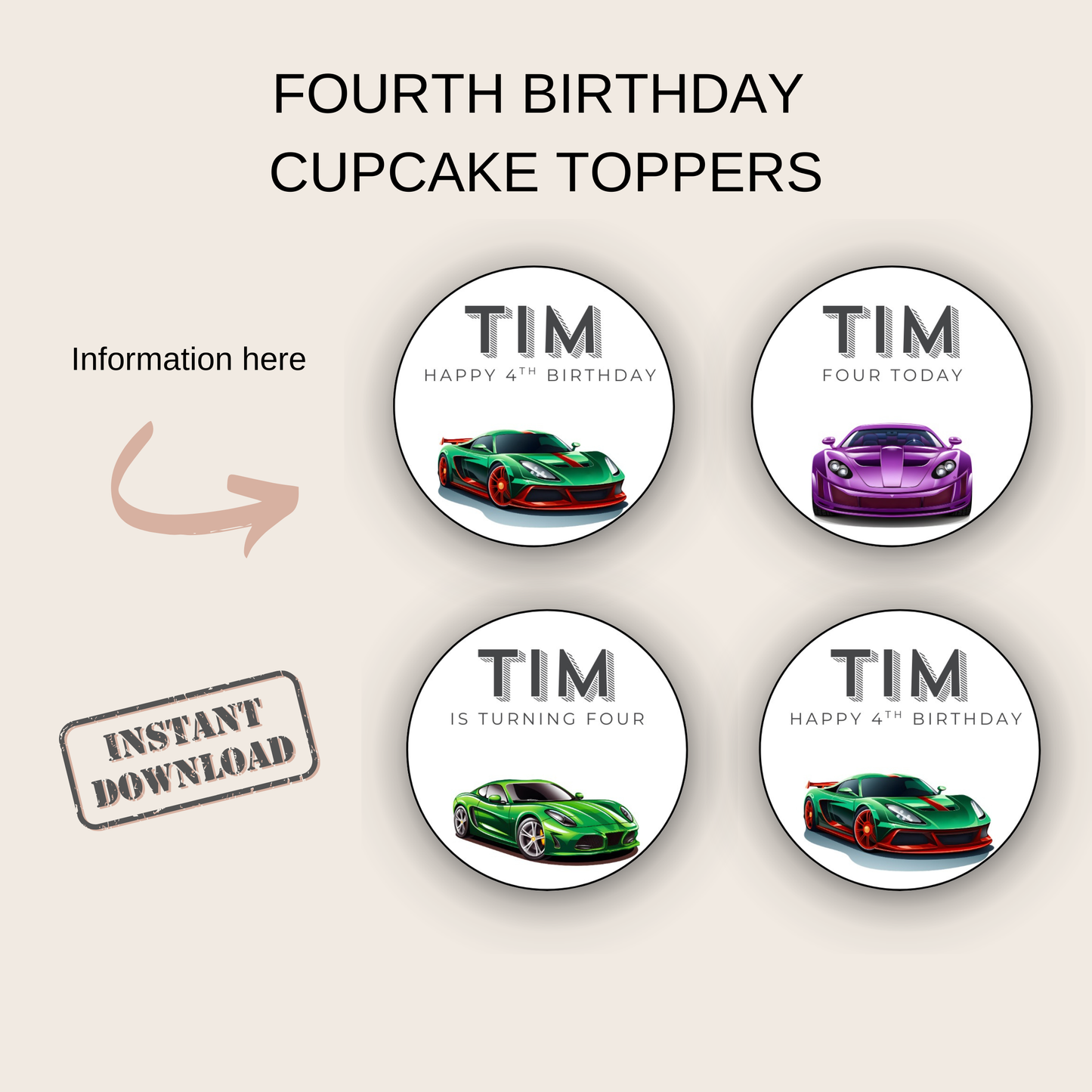 4th Birthday Party Cupcake Toppers Boy