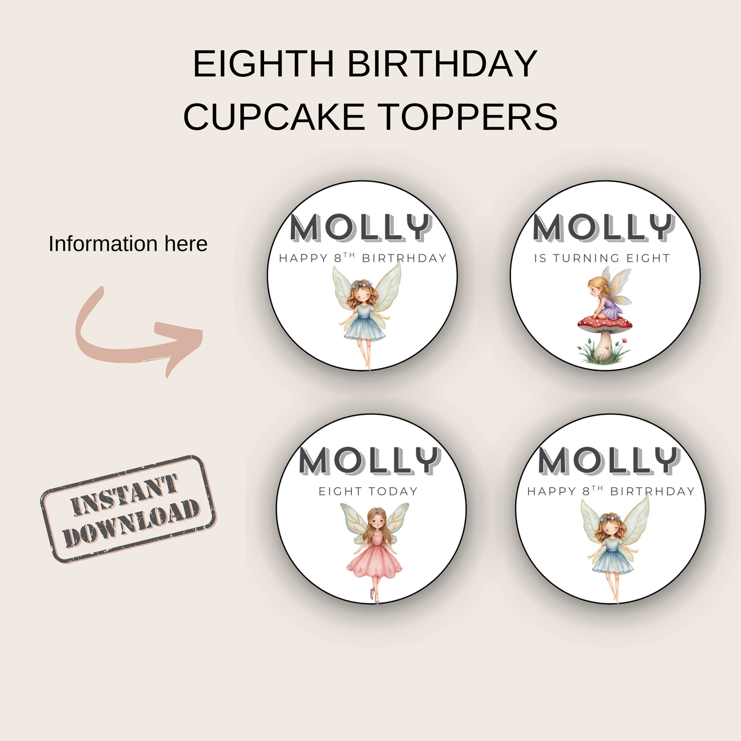8th Birthday Cupcake Toppers Girl