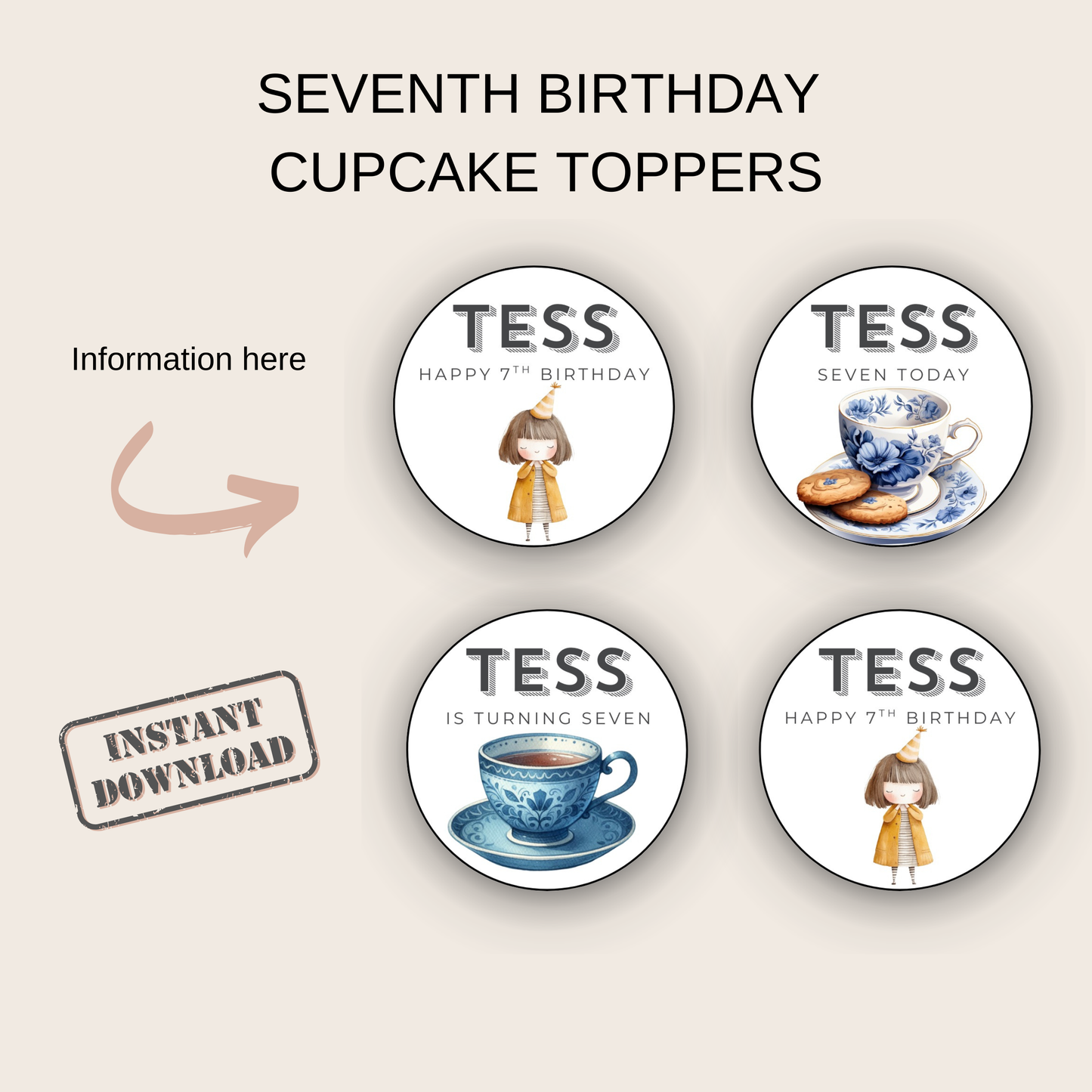 7th Birthday Cupcake Toppers Girl