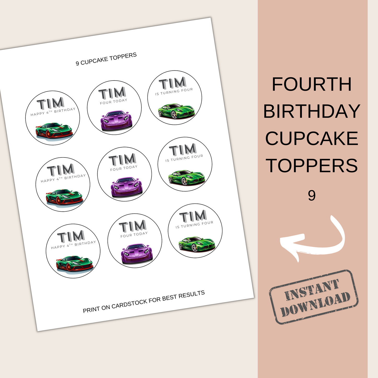 4th Birthday Party Cupcake Toppers Boy