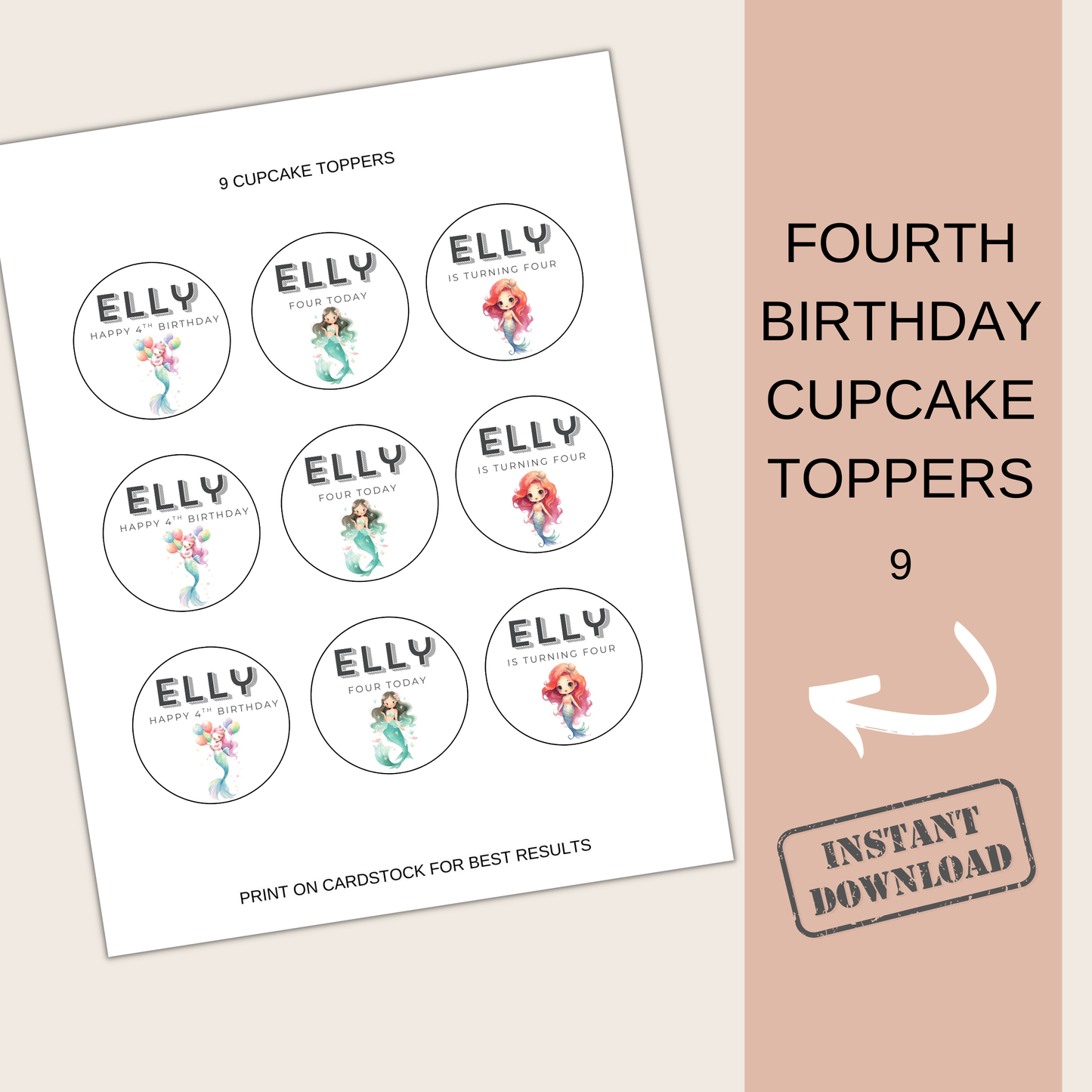 4th Birthday Party Cupcake Toppers Girl