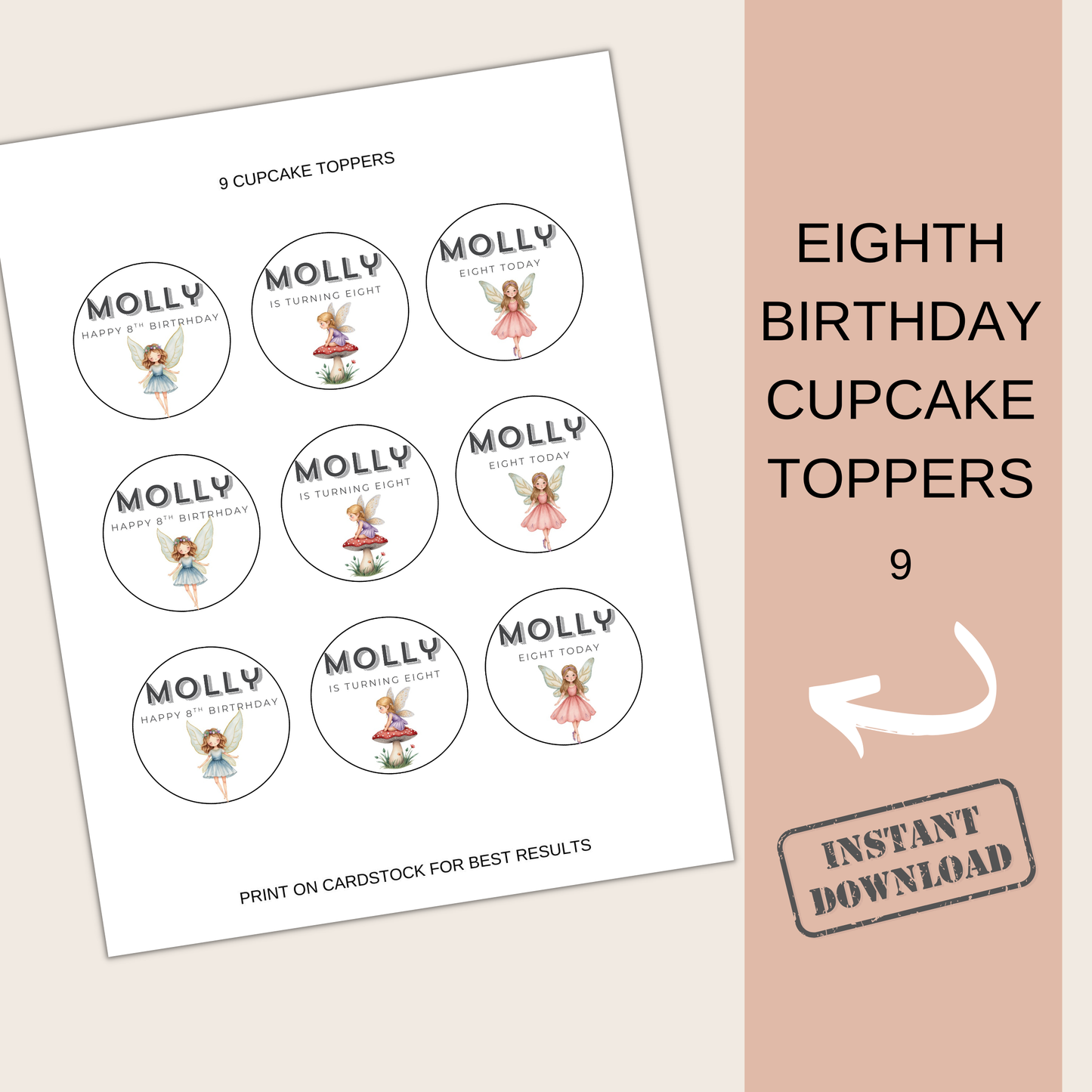 8th Birthday Cupcake Toppers Girl