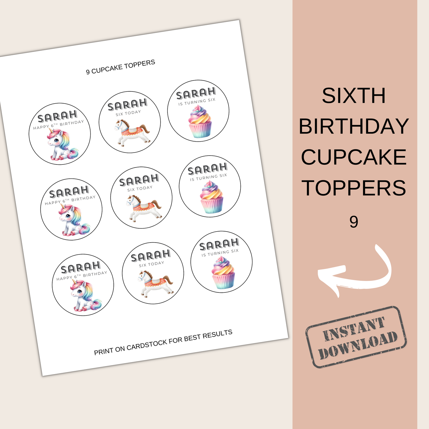 6th Birthday Party Cupcake Toppers Girl