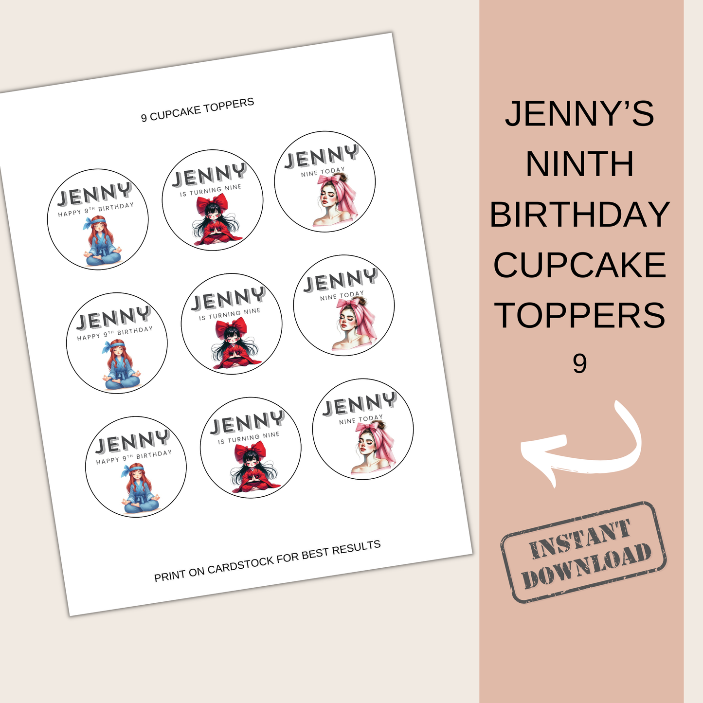 9th Birthday Cupcake Toppers Girl
