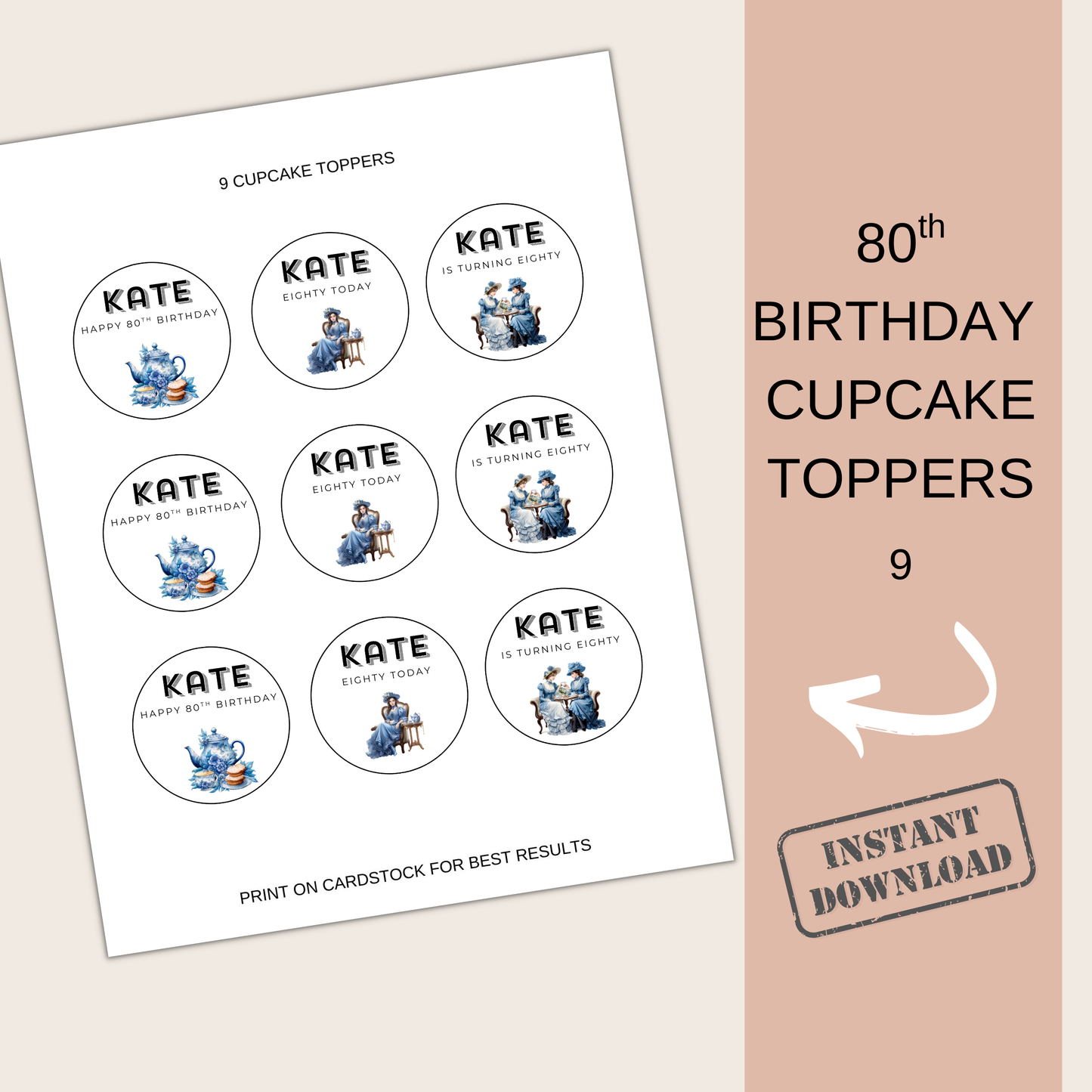 80th Birthday Cupcake Toppers Girl