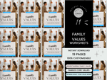 Promotional graphic for 'Family Values' worksheets with a collage of people holding up signs.
