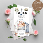 Invitation card for a baptized event with floral decorations on a gray background
