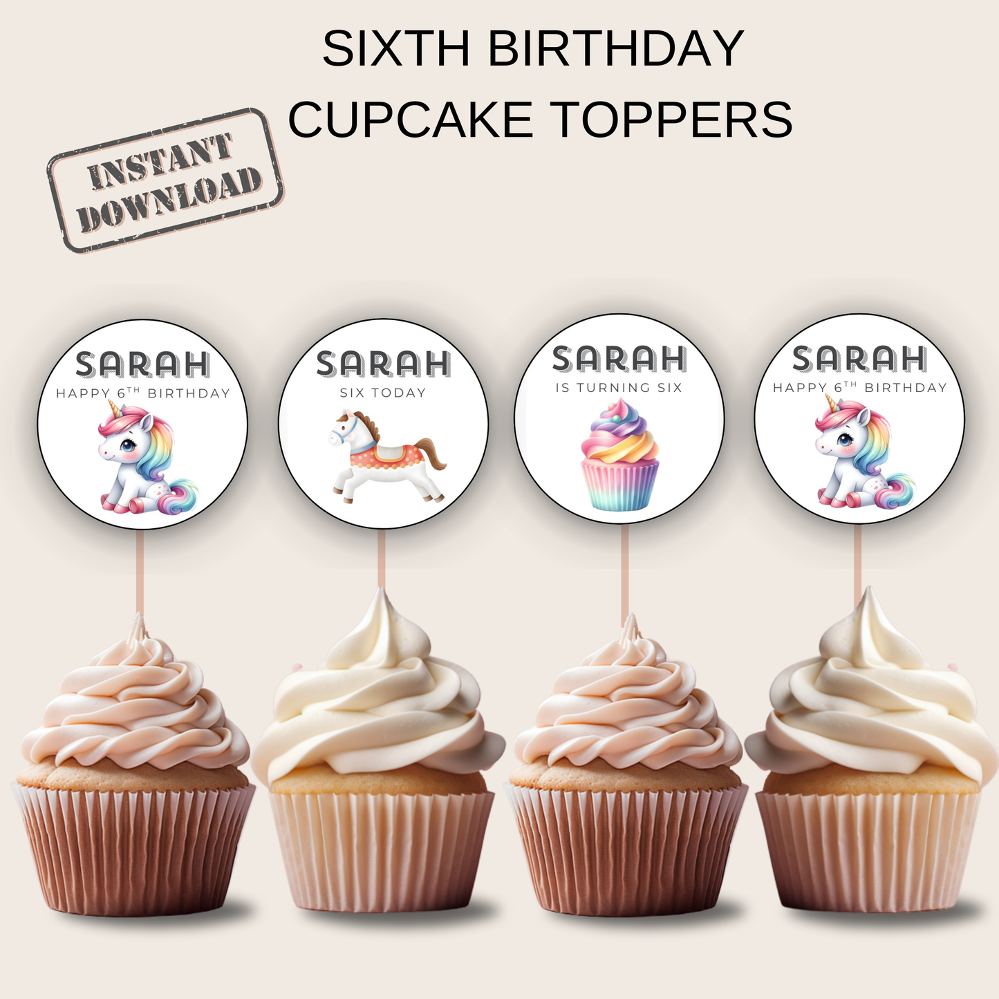6th Birthday Party Cupcake Toppers Girl