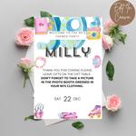 Party invitation card for a 90s-themed party with decorative elements and flowers on a gray background.