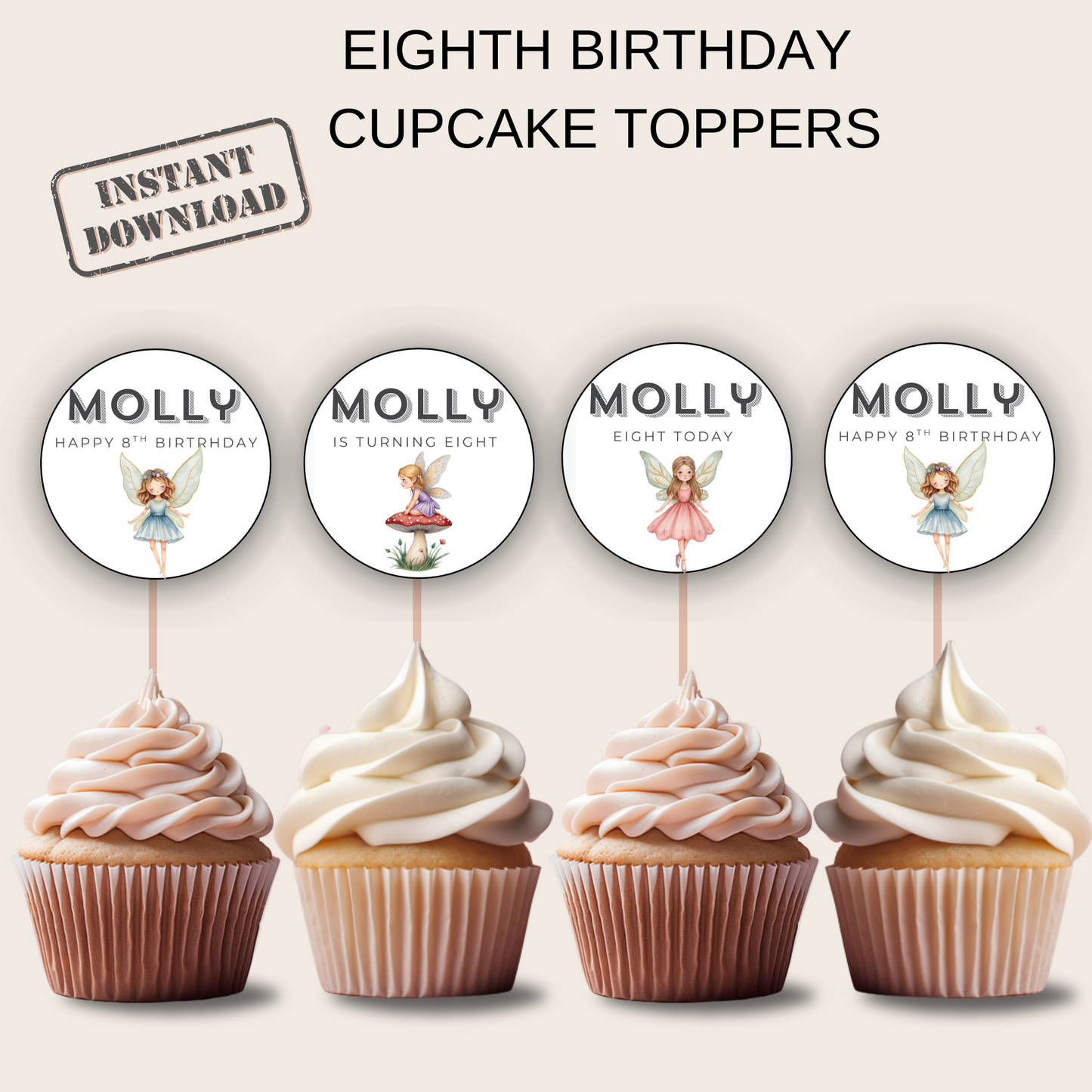 8th Birthday Cupcake Toppers Girl