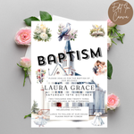 Baptism invitation with floral elements and a church on a gray background