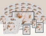 Multiple workbooks with a cover design featuring a glass of champagne and flowers on a beige background.