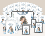Collection of 'No Spend' challenge books and digital devices displaying the book cover.