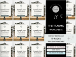 Promotional graphic for trauma worksheets with a scenic background and Canva branding.