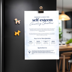 Sheet of paper with 'Self-Esteem Counseling Questions' on a refrigerator door.