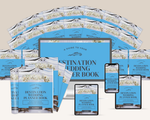 Destination Wedding Planner Book with various formats including hardcover, digital, and phone app on a light background.