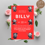 Invitation card with panda ninjas on a red background, surrounded by flowers.