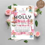 Fairy-themed birthday invitation with pink castle and fairies on a gray background with flowers.
