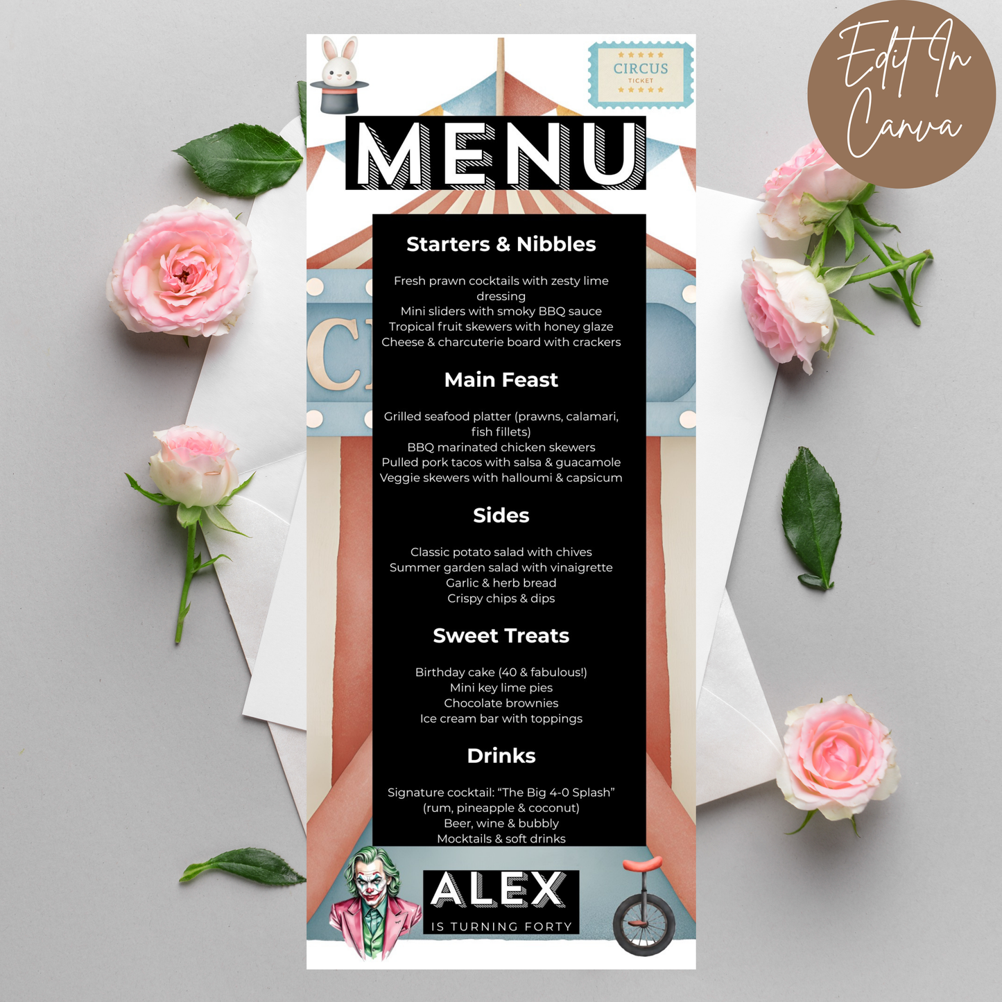 40th Birthday Menu Male