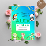 Invitation card with cartoon animals and floral elements on a gray background