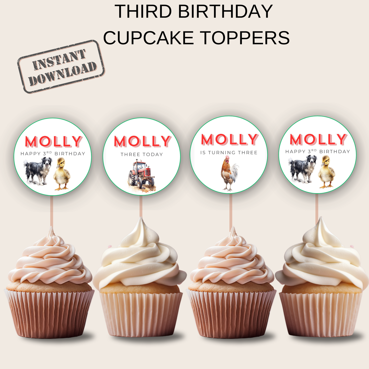 3rd Birthday Cupcake Toppers Girl
