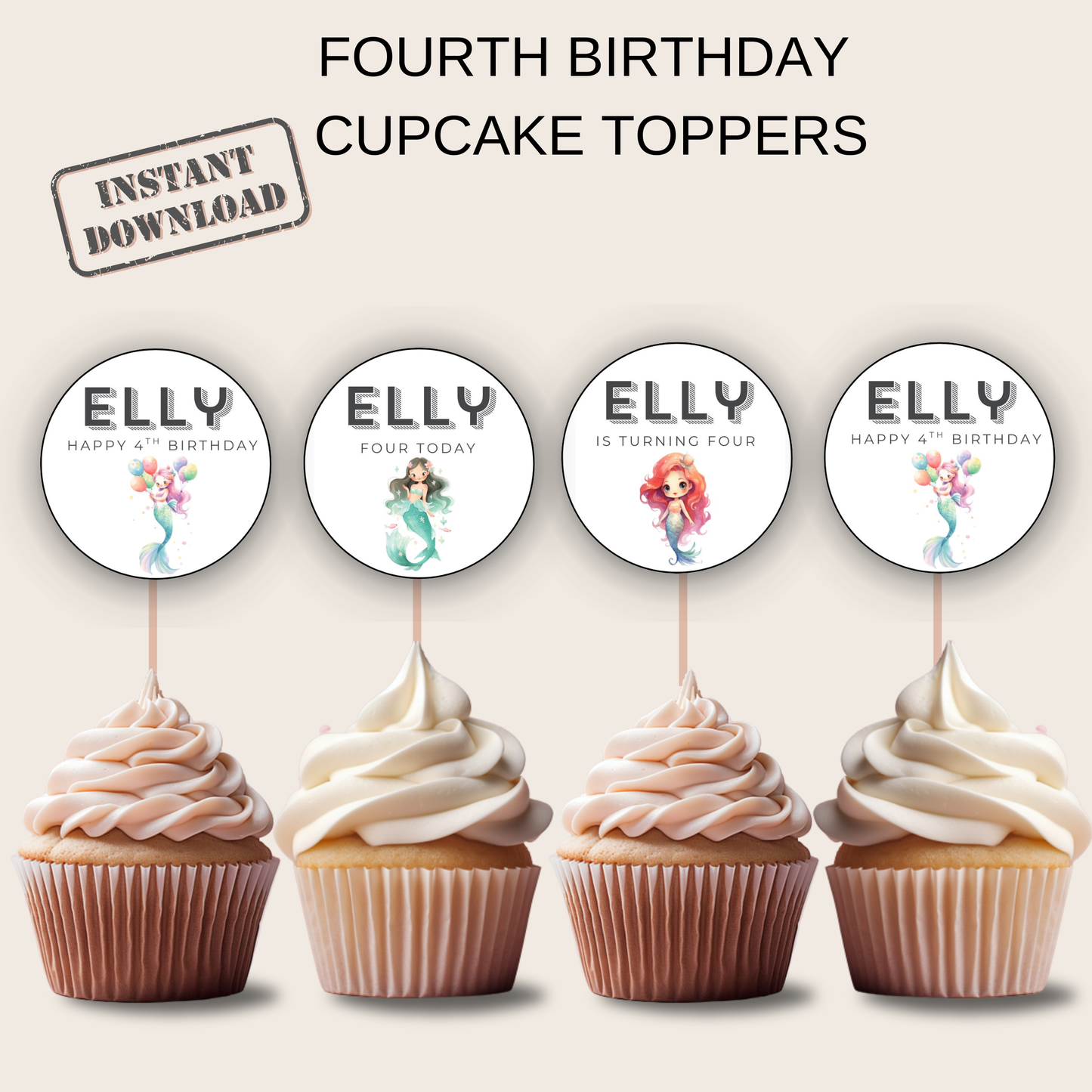 4th Birthday Party Cupcake Toppers Girl