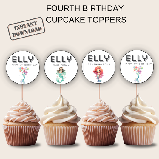 4th Birthday Party Cupcake Toppers Girl