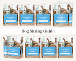 Multiple copies of a 'Dog Sitting Guide' with a person and dog on the cover.